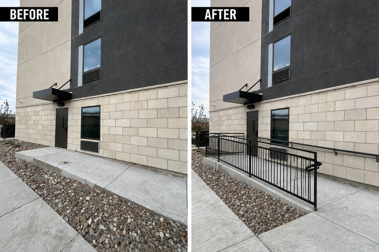 Before and after: commercial ADA ramp with black steel handrails and guardrails installed on stone building