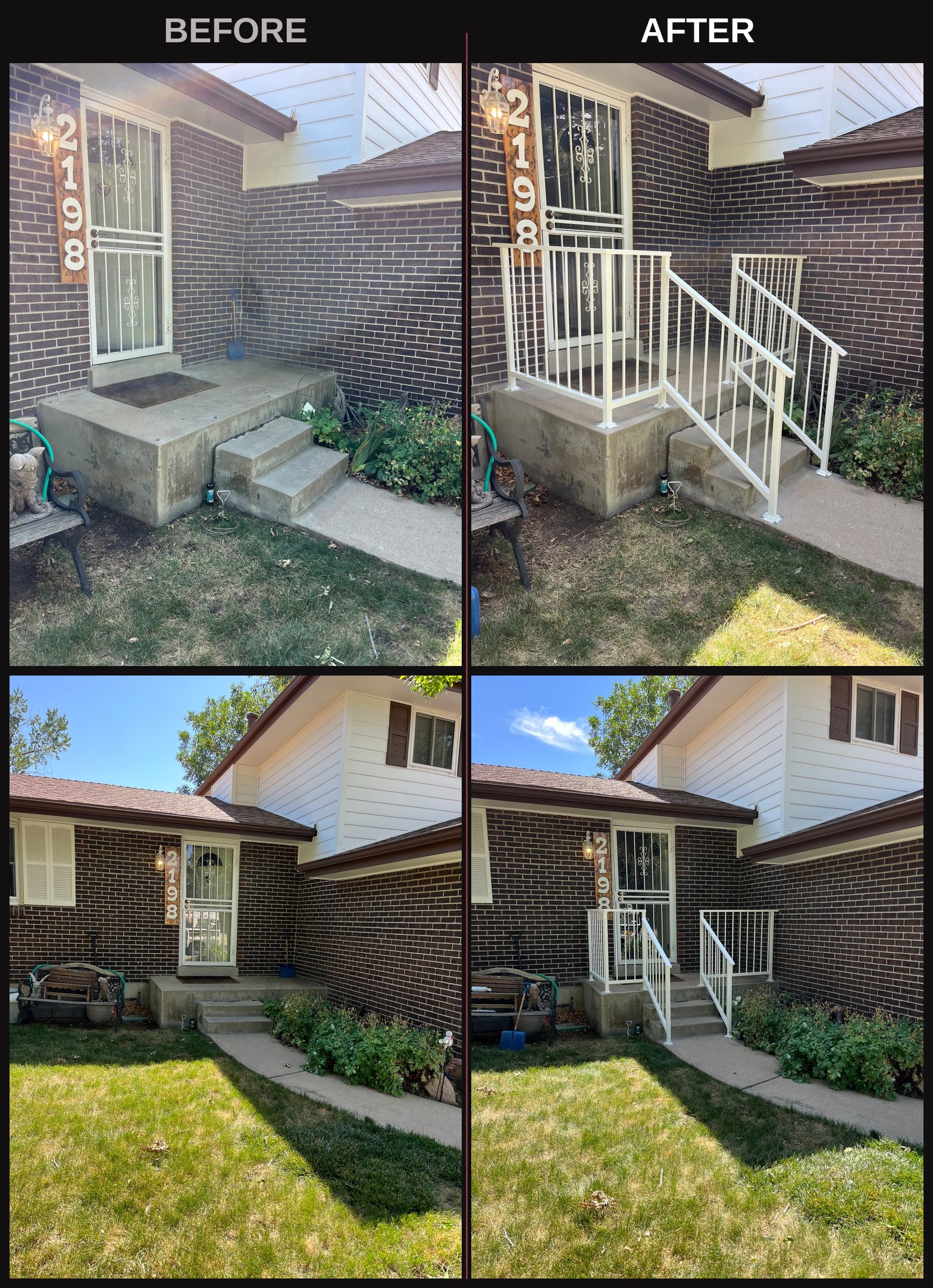 Before and after: front porch steel railing and step handrail installed on brick home