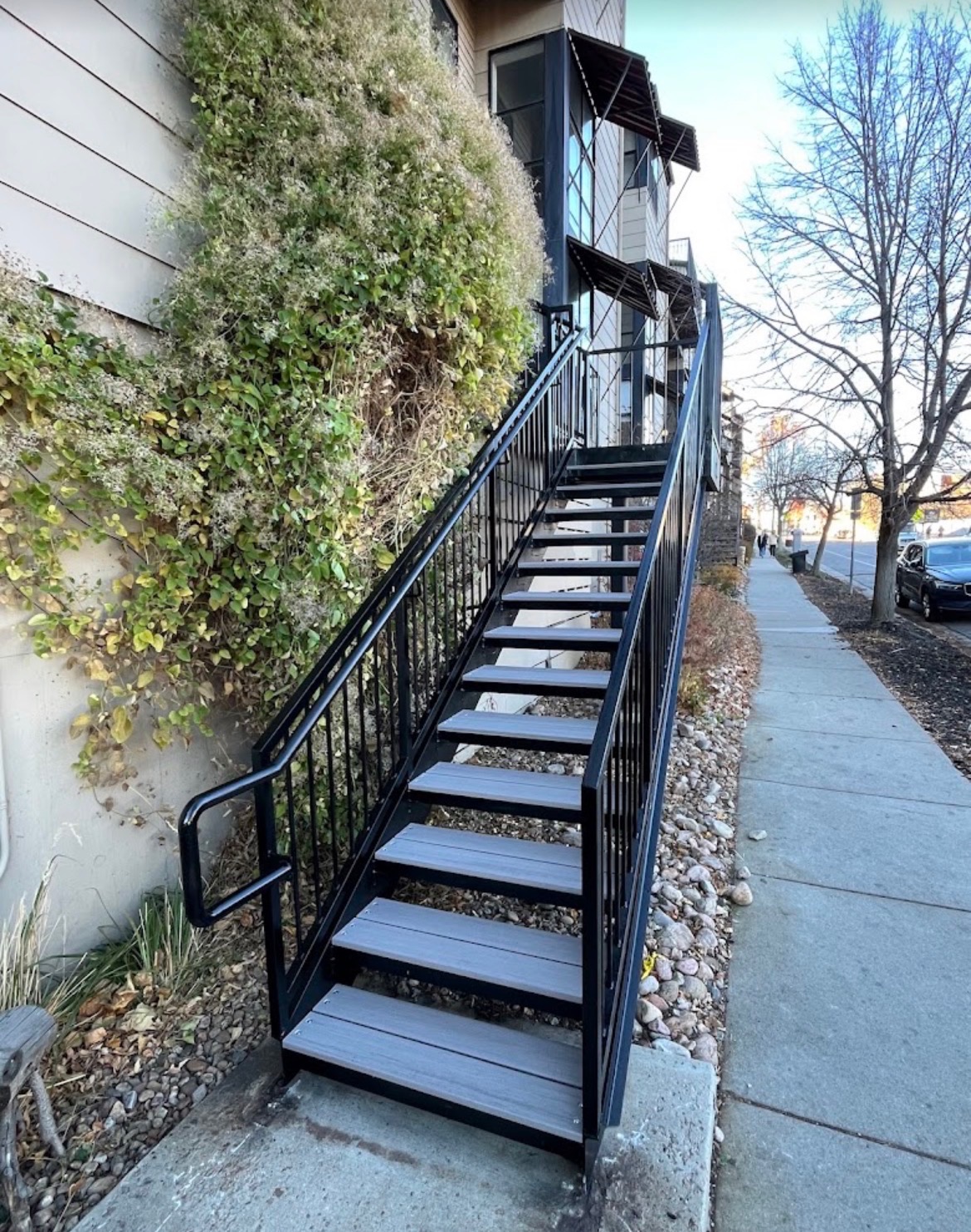 Exterior steel stairway and railing