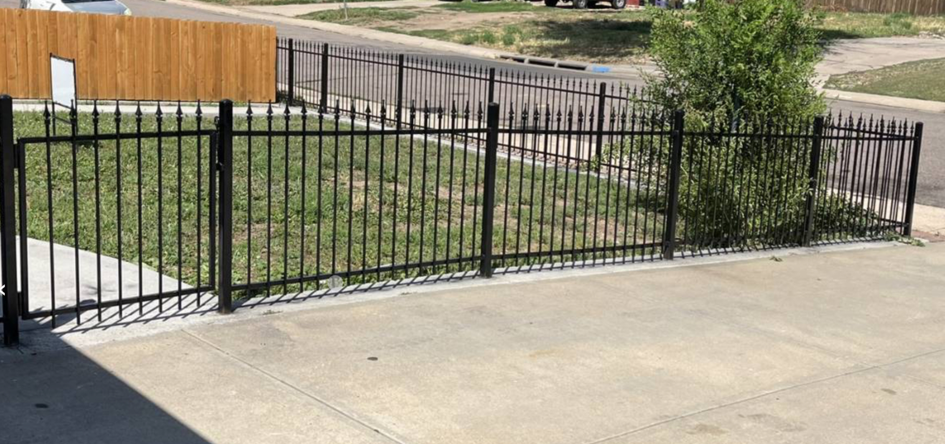 Ornamental black steel spear-top fence with gate