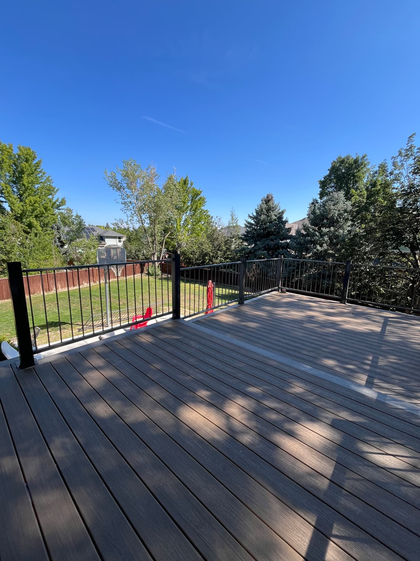 Powder-coated black picket deck railing overlooking backyard