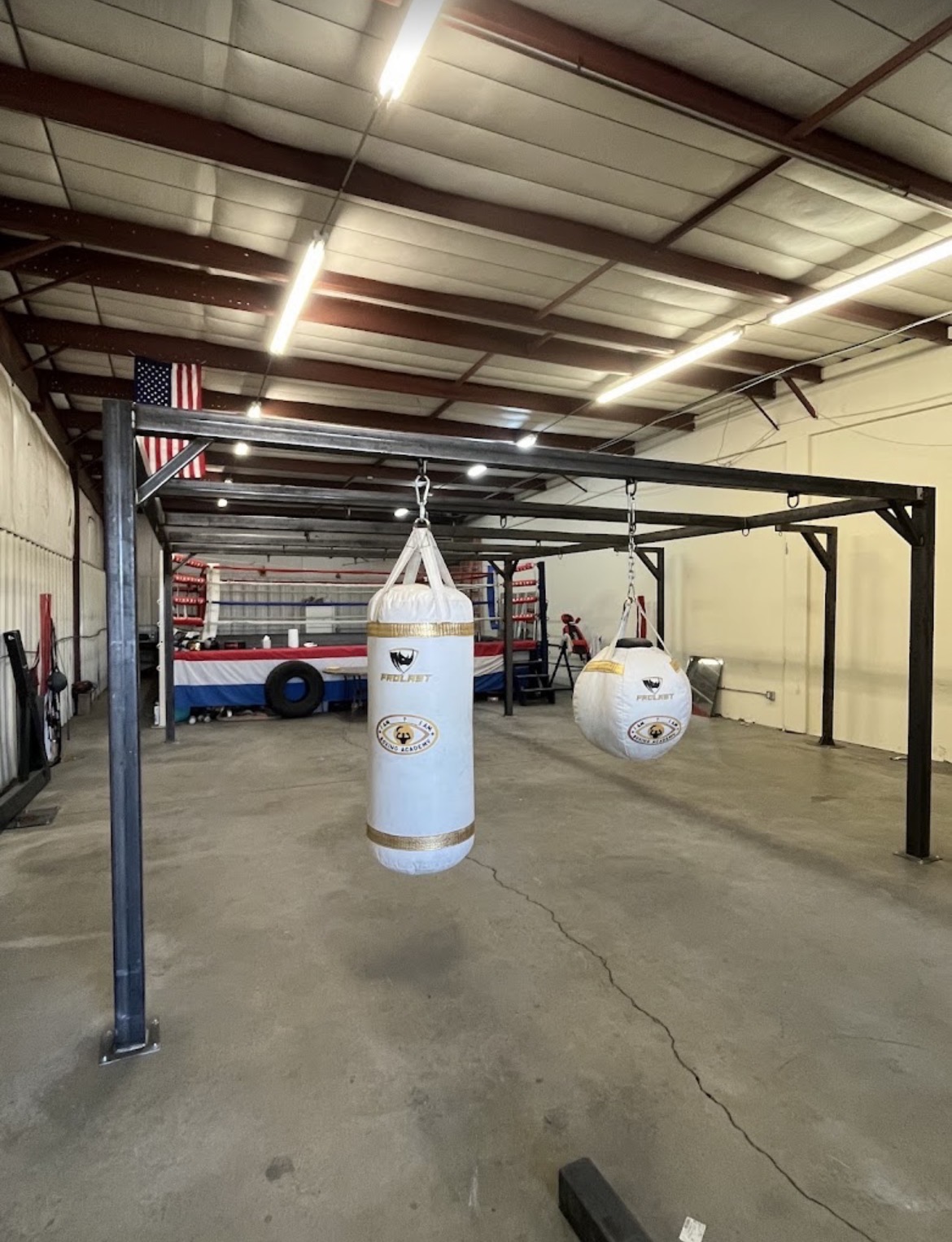 Structural steel frame for heavy bag gym rig