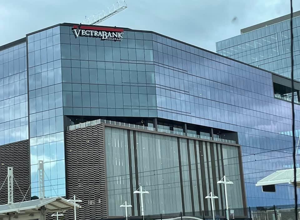 Completed Vectra Bank Colorado high-rise with structural steel and glass facade