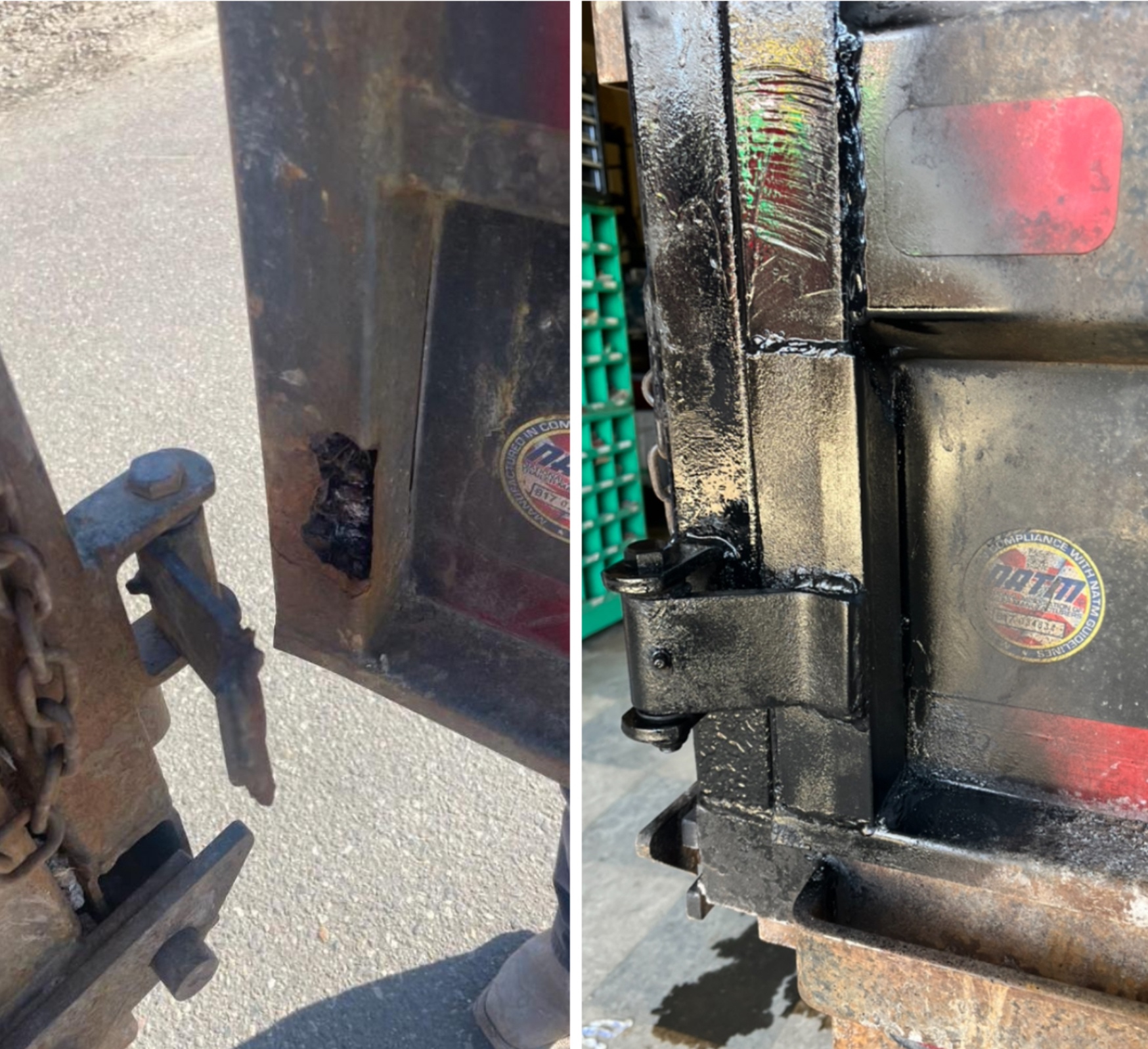 Before and after trailer hitch coupler weld repair
